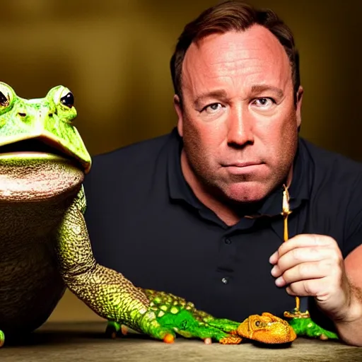 Image similar to Alex Jones and a big toad having a romantic meal, hyper realistic, dynamic pose, high detail, octane render, unreal engine, 8k, fantasy art, highly detailed, dramatic lighting, concept art