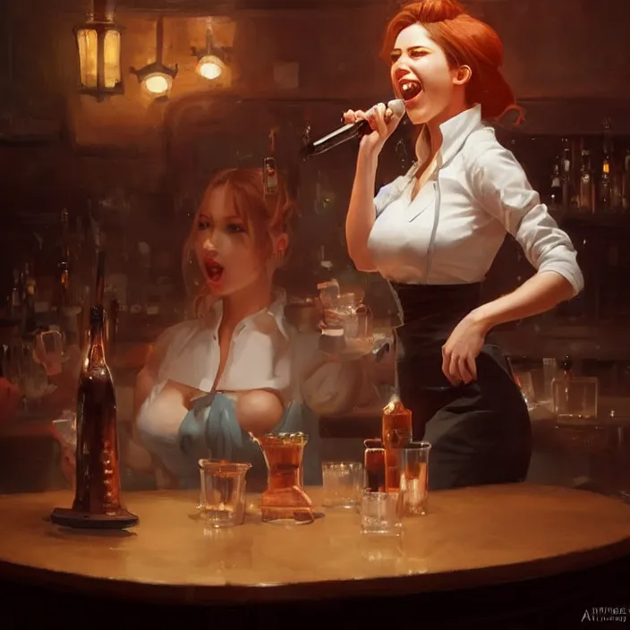 Image similar to a waitress singing on a table in a bar, elegant, real life skin, intricate artwork, high detailed, artstation, concept art, smooth, sharp focus, art by artgerm and greg rutkowski