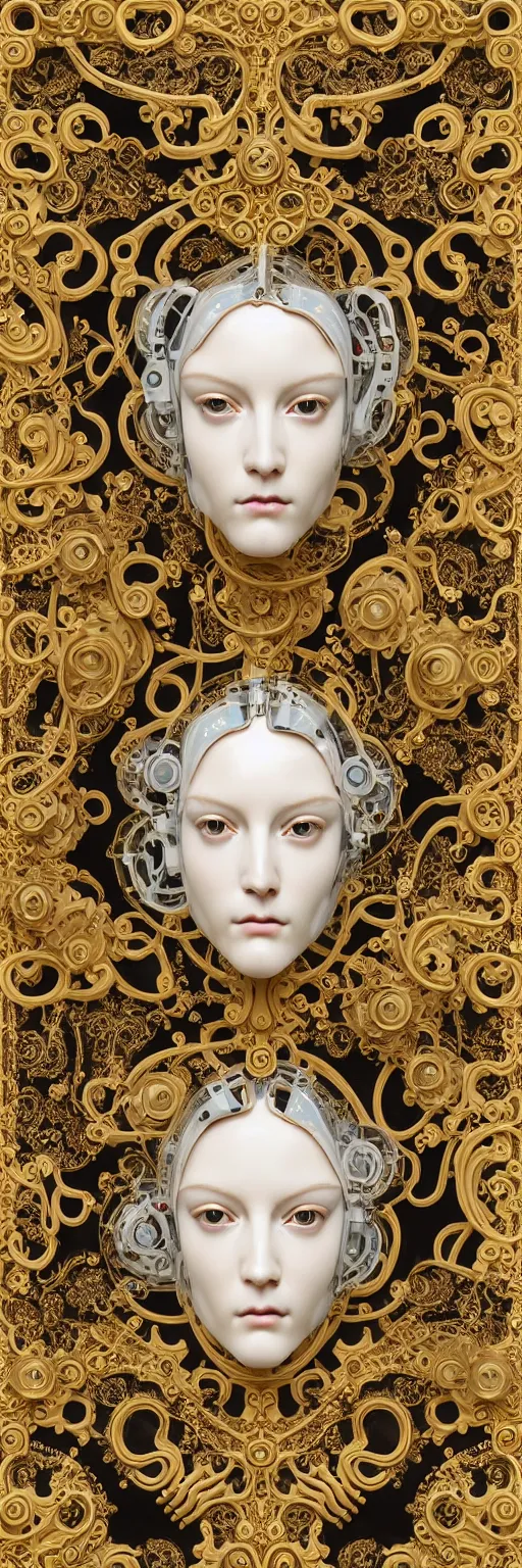 Image similar to seamless pattern of beautiful cybernetic baroque robot, beautiful baroque porcelain face + body is clear plastic, inside organic robotic tubes and parts, damask patern, front facing, wearing translucent baroque rain jacket, carved gold panel + symmetrical composition + intricate details, hyperrealism, wet, reflections + by alfonse mucha, no blur