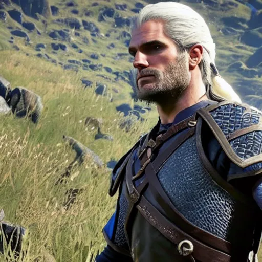 Prompt: Henry Cavill as Geralt of Rivia in The Legend of Zelda Breath of the Wild