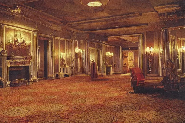 Image similar to full - color 1 9 7 0 s photo of the interior of a spooky elegant mansion at night. the interior architecture and layout are illogical, surreal, bizarre, complicated, and labyrinthine. there is a faintly - visible victorian ghost lurking. highly - detailed high - resolution photography.