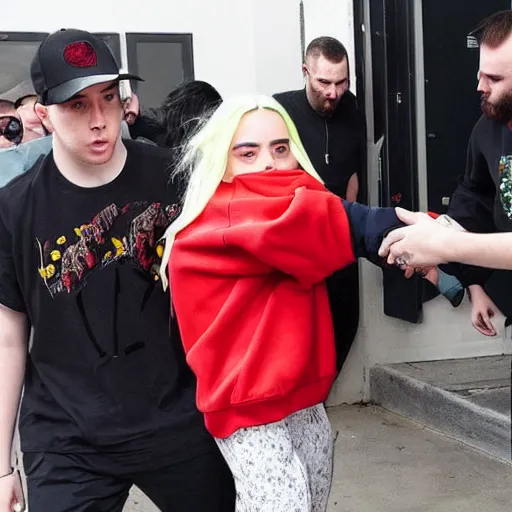 Prompt: photo of Billie Eilish getting kicked out of her record label building
