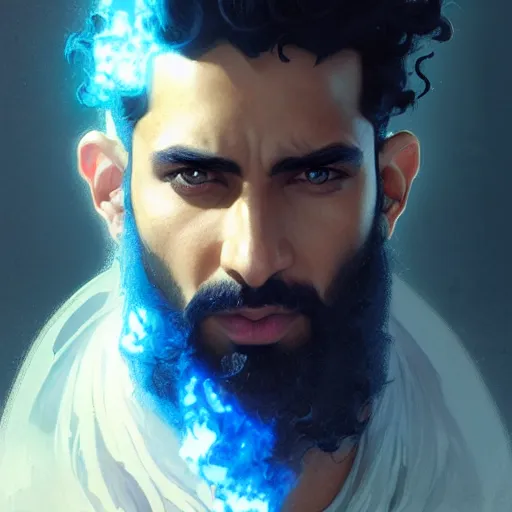 Image similar to ,Crystal blue eyes arab man with black hair curly, light beard,serious face, , by WLOP,Artgerm,Greg Rutkowski,Alphonse Mucha, Beautiful dynamic,shadows,Artstation,concept design art,Octane render,8K