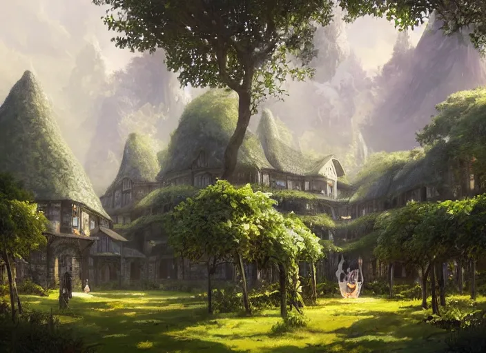 Image similar to Lush winery outside a beautiful elven city made of white marble, anime, lush trees, a fantasy digital painting by Greg Rutkowski and James Gurney, trending on Artstation, highly detailed