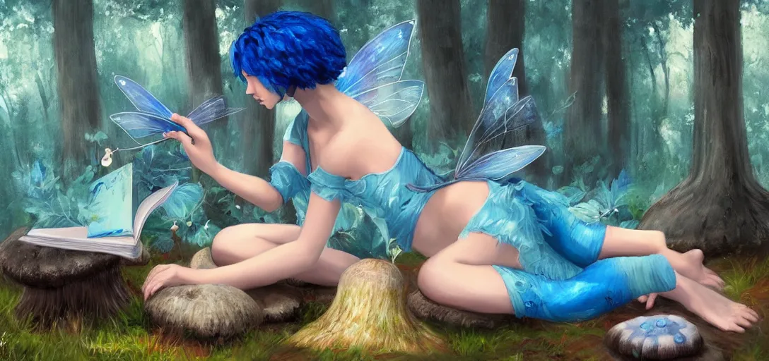 Prompt: A beautiful painting of a blue haired fairy reading a book while sitting on a mushroom by bob ross, Trending on artstation.