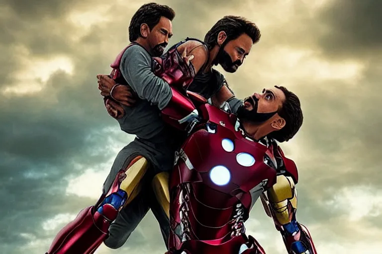 Image similar to full shot photograph of jesus christ being carried by iron man on doomsday, photorealistic, cinematic lighting, extremely detailed, marvel cinematic universe