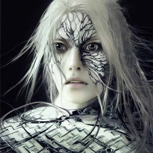 Image similar to Yoshitaka Amano realistic illustration of an anime girl with wavy white hair, black eyes and cracks on her face wearing Elden ring armour with the cape fluttering in the wind, abstract black and white patterns on the background, noisy film grain effect, highly detailed, Renaissance oil painting, weird portrait angle