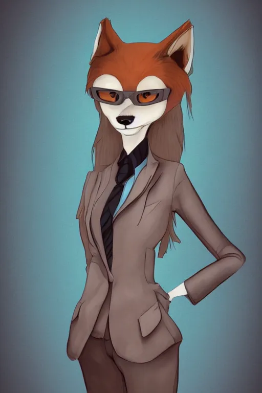 Prompt: art of anthromorphic female wolf, in style of cory loftis, female fursona, furry, furaffinity, 4 k, deviantart, furry art, fursona art, wearing black business suit, business suit, in style of cory loftis, wolf fursona, cyberpunk, female, very expressive detailed feminine face,