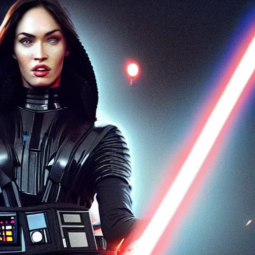 Prompt: first shot of megan fox fighting darth vader in star wars reboot, ( eos 5 ds r, iso 1 0 0, f / 8, 1 / 1 2 5, 8 4 mm, postprocessed, crisp face, facial features )