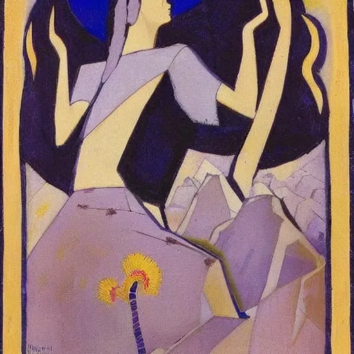 Prompt: Art installation. a woman is shown from behind, her body slightly blurred as if in motion. Her long hair cascades down her back, and she is holding a small bird in her hand. by Nicholas Roerich daring