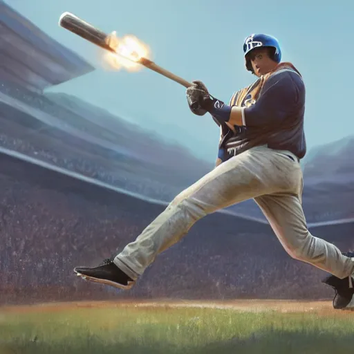 Image similar to baseball player hitting the ball with the baseball bat in the middle of the game and in front of everyone in the stadium, james gurney painting style, greg rutkowski, artstation, octane render, unreal engine 5