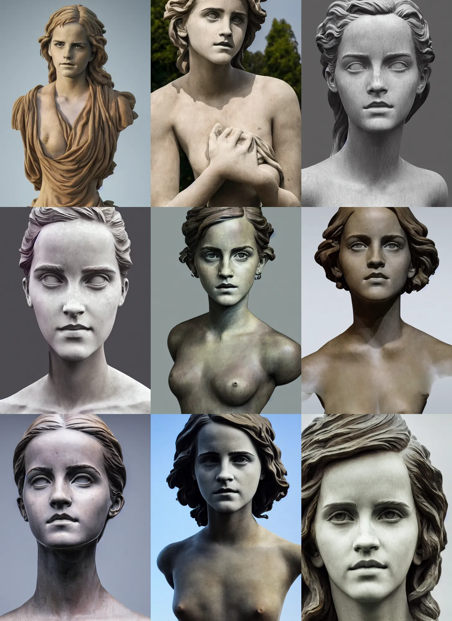 Prompt: sculpture statue of Emma Watson by Jean-Baptiste Carpeaux and Luo Li Rong and Michael James Talbot, all body, very emotional screaming expressions, perfect symmetrical face, psychedelic colors, retrowave synthwave, in full growth, elegant, realistic, 8K, female full-skin figure, hyperrealism, subsurface scattering, raytracing, rim light, Octane Render, Redshift, Zbrush