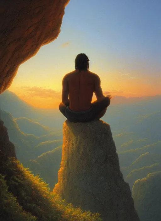 Image similar to an indigenous man sitting at the top of a cliff, looking down at the valley, doing a vision quest, beautiful sunset, art by christophe vacher