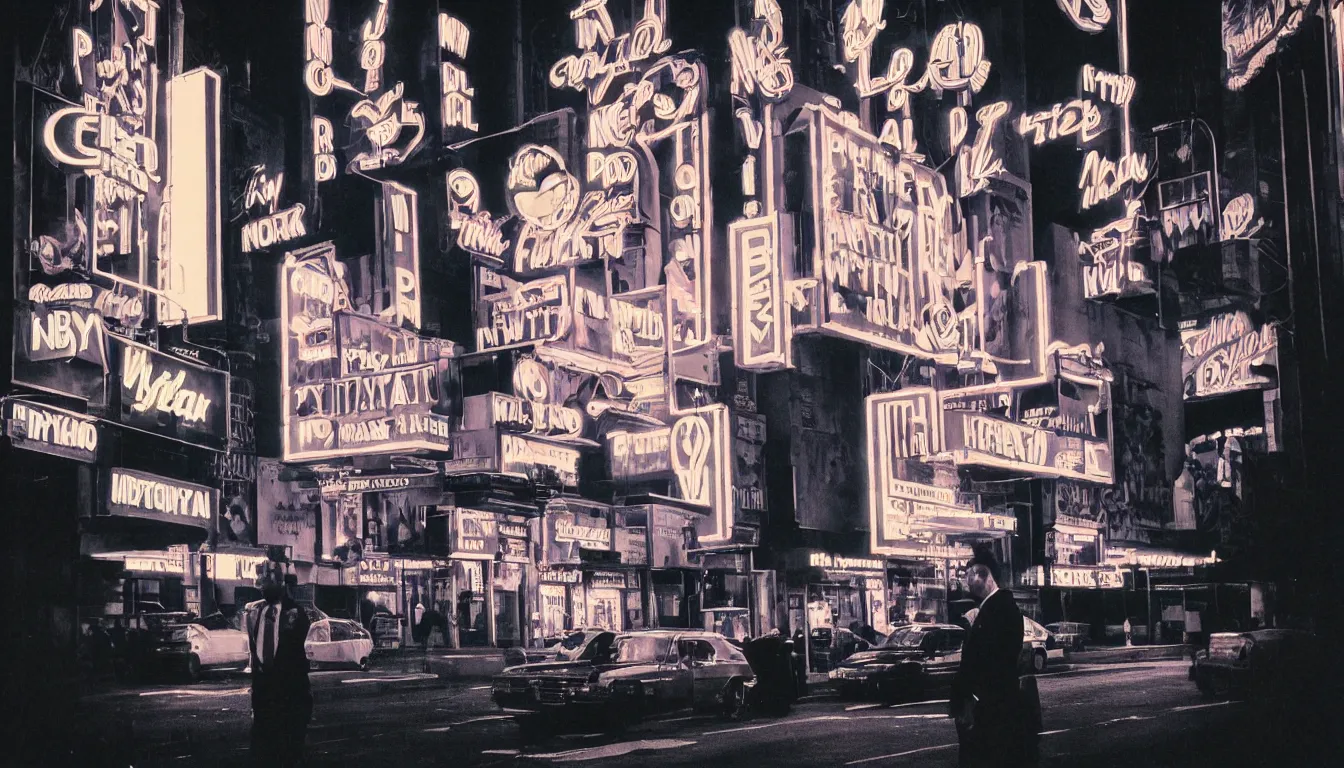 Image similar to 8 0 s polaroid photo, cinema still, tall man in suit smoking and watching new york panorama at night, neon signs, colorful haze, americana, high production value, 8 k resolution, hyperrealistic, photorealistic, high definition, high details, tehnicolor, award - winning photography, masterpiece, amazing colors