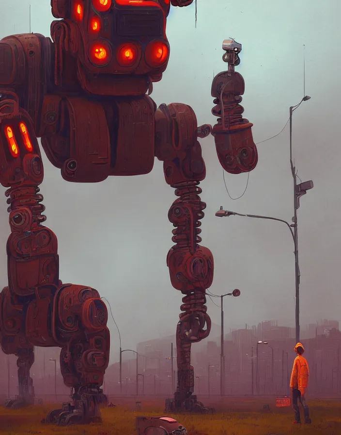 Prompt: giant rusty robot looking at a human, overcast, sci - fi digital painting by simon stalenhag