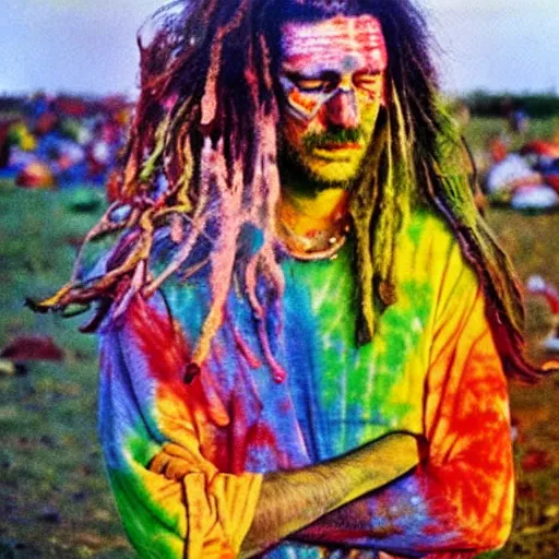 Image similar to an oil painting of a hippy in tie-dye at woodstock 1969, natural colours, character photography, Exquisite detail, post-processing, masterpiece