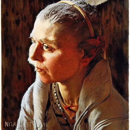 Prompt: Frontal portrait of a white-skinned tribal woman. A portrait by Norman Rockwell.