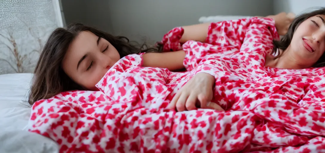 Image similar to A girl with pink sheets laying down in red pjs
