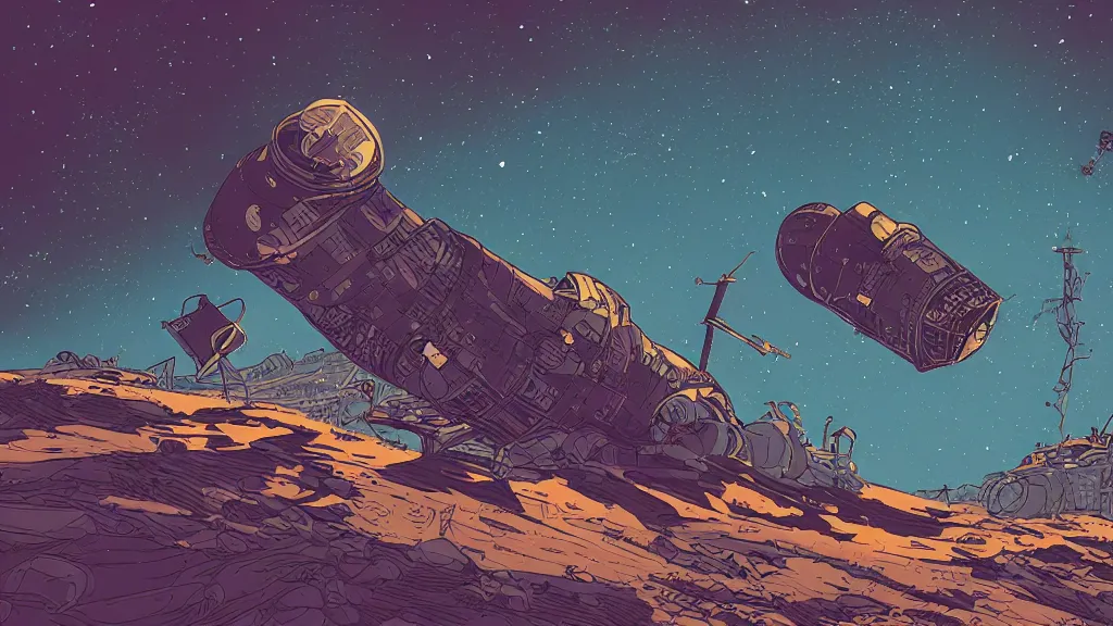 Image similar to very detailed, prophet graphic novel, ilya kuvshinov, mcbess, rutkowski, simon roy, illustration of a space junk floating in space around a dead planet, wide shot, colorful, deep shadows, astrophotography