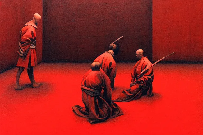 Image similar to only with red, a red samurai do seppuku, tokio, a lot of frogs watch, in the style of beksinski, parts by edward hopper, parts by rodcenko, parts by yue minjun, intricate and epic composition, red by caravaggio, insanely quality, highly detailed, masterpiece, red light, artstation, 4 k