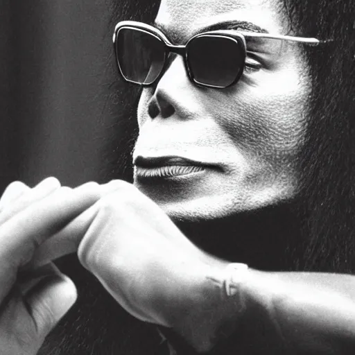 Image similar to michael jackson 2 0 0 9 wearing shades, this is it style, photo real, pores, motion blur, sitting with bubbles the chimp window open, real life, spotted, ultra realistic face, accurate, 4 k, movie still, uhd, sharp, detailed, cinematic, render, modern