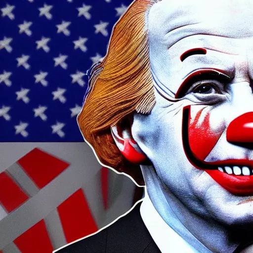 Prompt: joe biden as pennywise printing dollars, photo portrait, hyper realism, symmetry, awesome exposition, cnn news broadcast screen capture, very detailed, highly accurate, professional lighting diffracted lightrays, 8 k, sense of awe