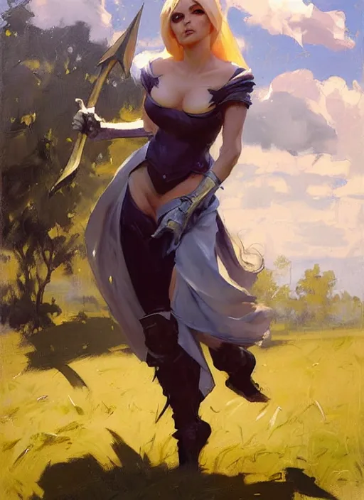 Image similar to Greg Manchess painting of Syndra from League of Legends, countryside, calm, fantasy character portrait, dynamic pose, above view, sunny day, thunder clouds in the sky, artwork by Jeremy Lipkin and Giuseppe Dangelico Pino and Michael Garmash and Rob Rey, very coherent asymmetrical artwork, sharp edges, perfect face, simple form, 100mm