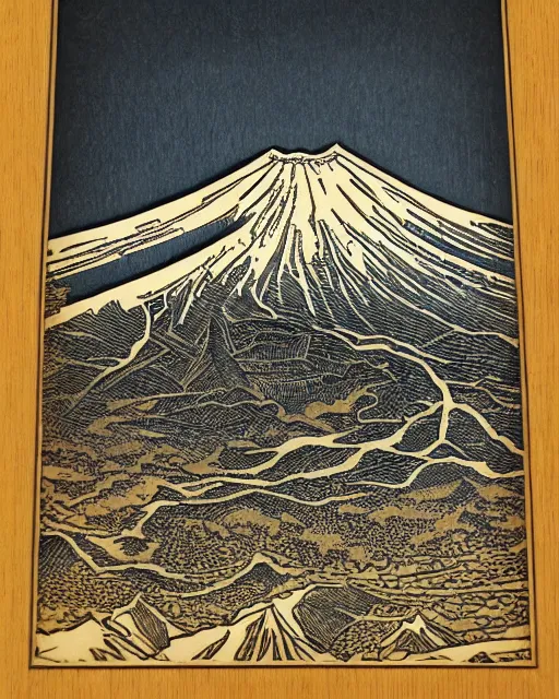 Prompt: an award winning Wood engraving on paper of Mount Fuji, HDR