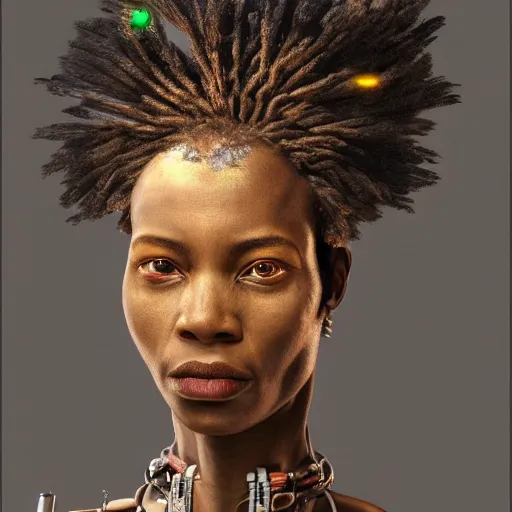 Image similar to Ultra detailed, 4K Portrait of a cyborg african woman by Rachel Ruysch