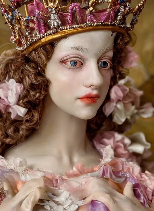 Prompt: closeup medieval otto dix face portrait of a fairytale princess wearing a crown eating cakes in the castle, bikini, depth of field, zeiss lens, detailed and intricate environment, fashion photoshoot by nicoletta ceccoli, mark ryden, lostfish, breathtaking, 8 k resolution, extremely detailed, beautiful, establishing shot, artistic, hyperrealistic, octane render