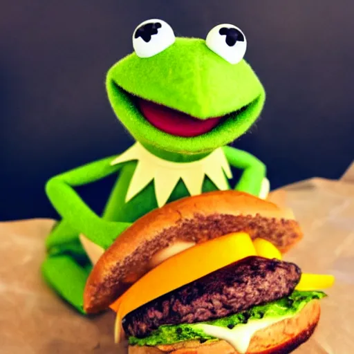 Image similar to A Kermit the Frog themed cheeseburger