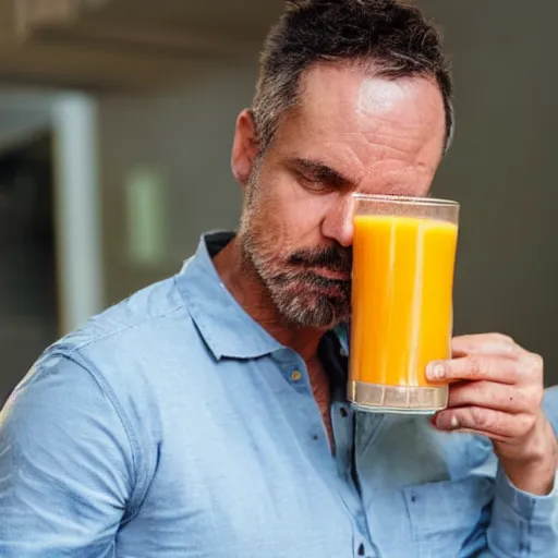 Prompt: a man drinking orange juice while drinking milk