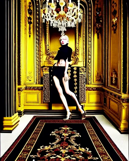 Prompt: baroque interior, gold accents, thick carpet, fashion photoshoot, interior design, sharp focus, helmut newton, richard avedon, mert and marcus,