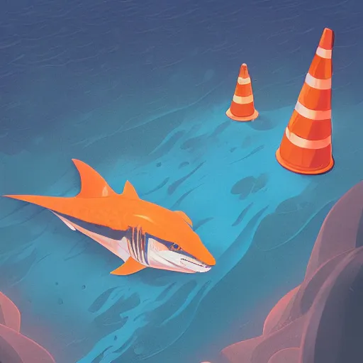 Prompt: orange striped traffic cone with shark teeth around the bottom opening, ocean background detailed atmospheric - ron cheng & alphonse mucha, highly detailed, digital painting, ray tracing, concept art, illustration, smooth sharp focus, intricate, symmetry, artstation,