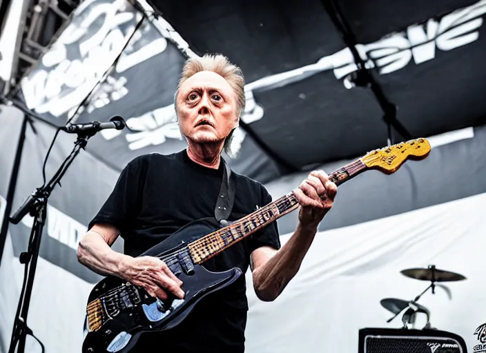 Image similar to photo still of christopher walken on stage at vans warped tour!!!!!!!! at age 5 5 years old 5 5 years of age!!!!!!! shredding on guitar, 8 k, 8 5 mm f 1. 8, studio lighting, rim light, right side key light