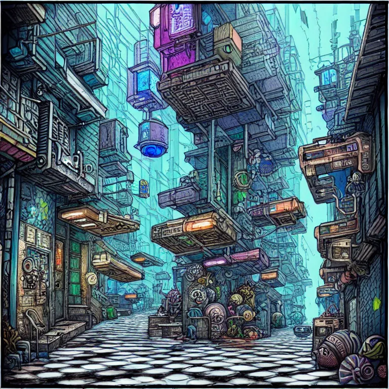 Prompt: an absurdly-detailed cyberpunk alleyway colored-pen drawing as a fancy square tile. Sea-life in a submerged-city.