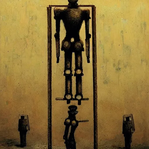 Image similar to humanoid robot prisoners in a dystopian prison yard, guards watching them, highly detailed beksinski art