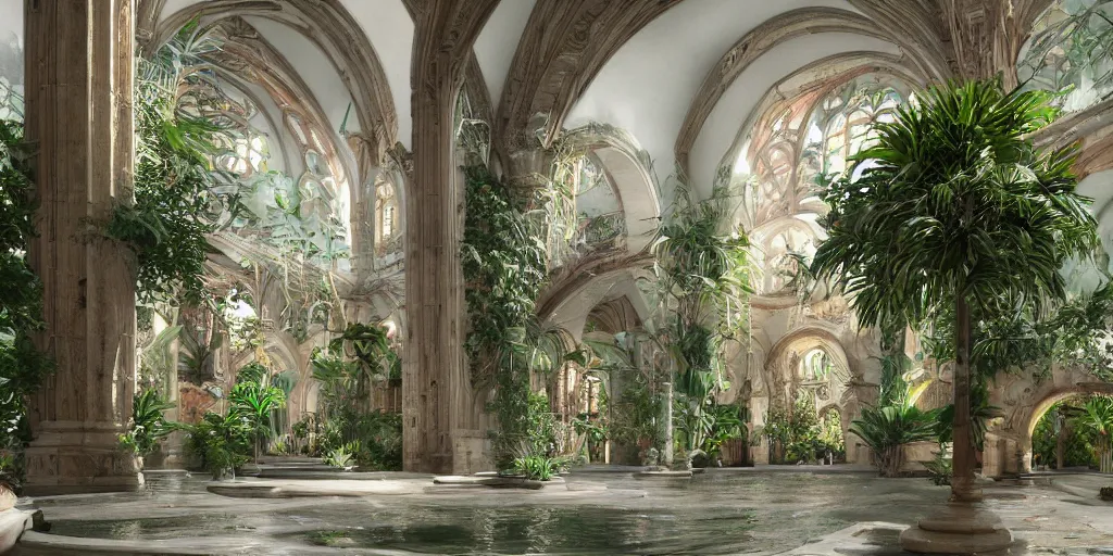 Image similar to cathedral interior with koi pond in the middle surrounded by palm trees, ivy, flowers, tropical plants, roses, and with archways. rendered in octane render with photorealistic lighting, leyendecker, greg rutkowski, artgerm