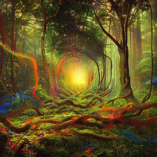 Prompt: psychedelic flowing illusion illusionary visionary immensely beautiful forest of intertwined trees and breathing living knowledge, by tyler edin and luke brown albert bierstadt and salvador dali hyperrealism photo - realistic photography volumetric lighting heavenly intricate