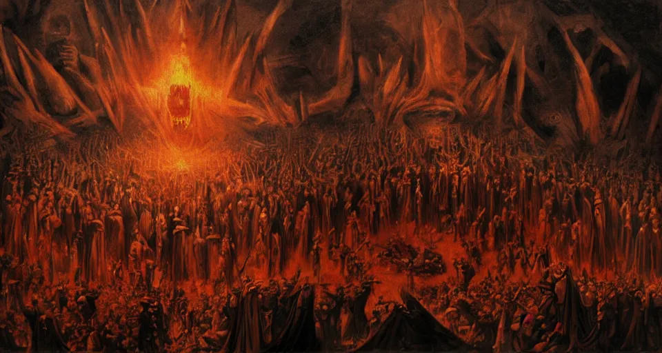 Image similar to dante's inferno painting, with people in black hooded tunic like in the film eyes wide shut of stanley kubrick, illuminati symbol, crows, skeletons, crosses, wings characters 8 k symmetrical, unreal engine, highly detailed, hd environment, maxon cinema 4 d, 8 k rendering, dark beauty, rotten gold, perfect faces