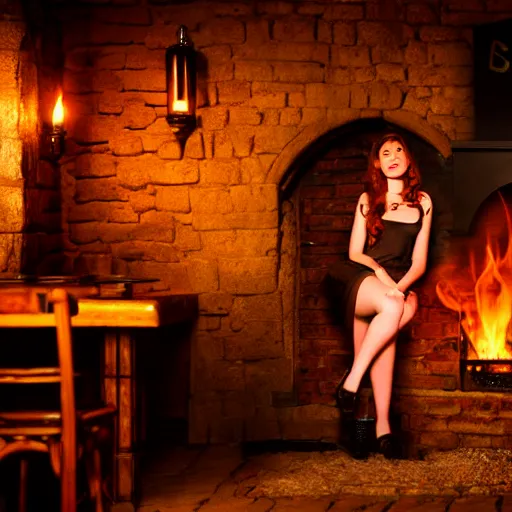 Prompt: young attractive beautiful bar maid in a medieval tavern at night sitting next to a lit fireplace, 4 k detail fantasy, photo realistic, cinematic, filmic, studio lighting