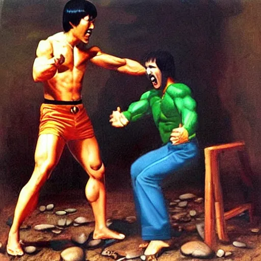 Image similar to mad bruce lee yelling at hulk hogan, spilled coffee on shirt, in the style renaissance painting