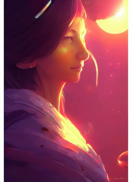 Prompt: a beautiful pensive woman, halo of planets, bright colors, highly detailed, concept art, matte, trending on artstation, anime, art by wlop and artgerm and greg rutkowski, ilya kuvshinov, strong strokes,
