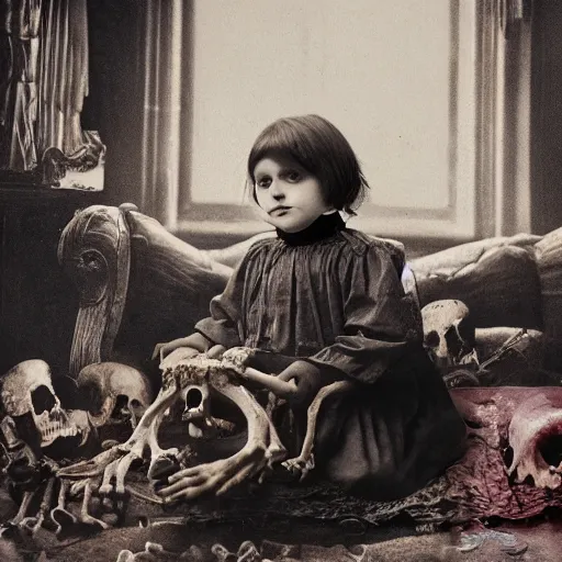 Prompt: a color photo of young sad victorian gothic child with big eyes and wide grin sitting on a sofa of bones surrounded by a cyber futuristic cityscape made of human body parts, 5 0 mm, award winning photography