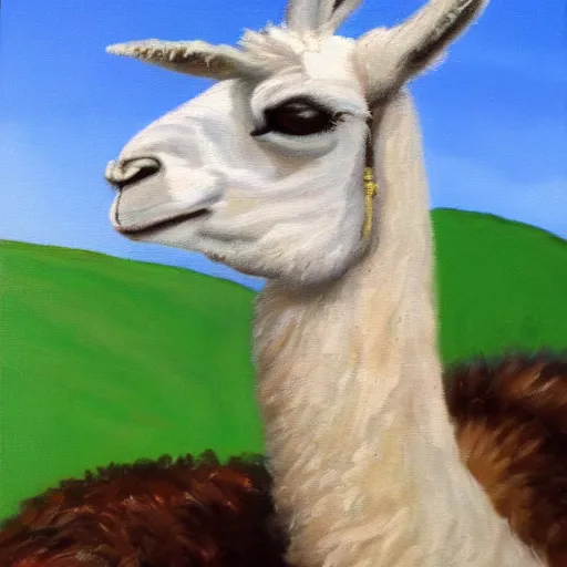 Image similar to an oil painting of a llama wearing fancy dress