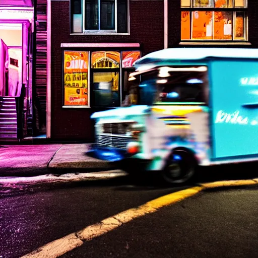 Prompt: tilt - shift photography of ice cream trucks in front of brooklyn tenement buildings at night, steam, vaporwave