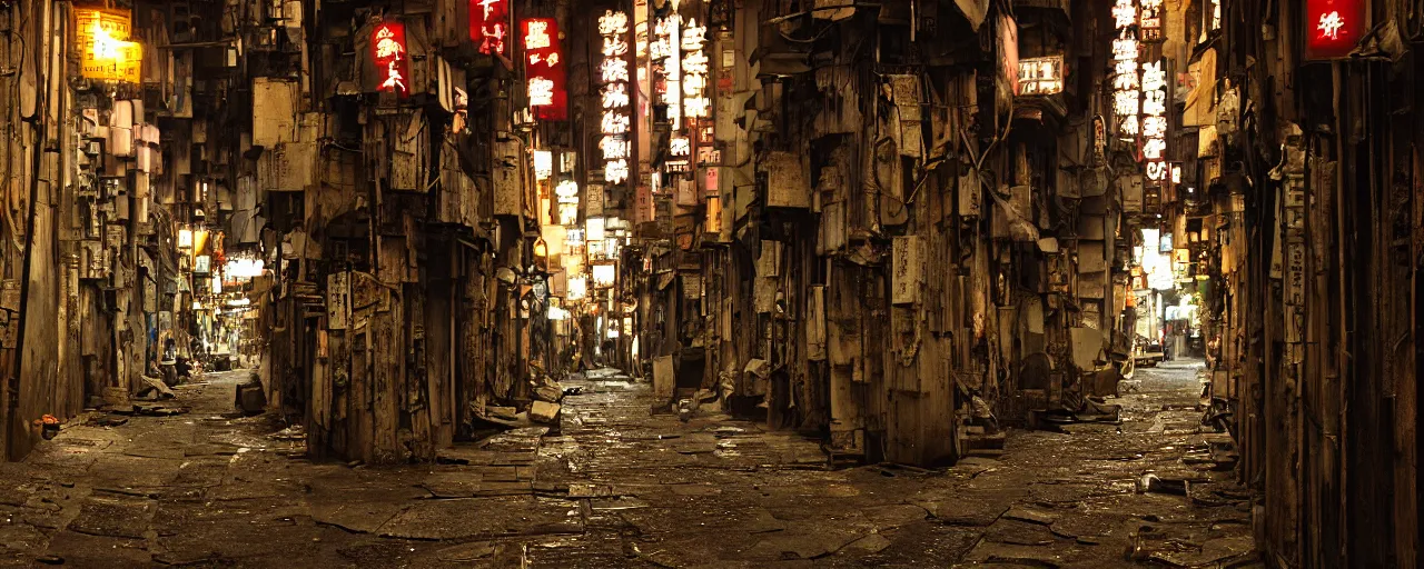 Prompt: digital painting, wideangle view of a narrow alley in kowloon walled city, dirty, sodium lights,evening, tungstem color balance, cinestill, street photography