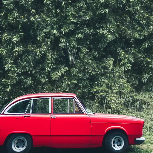 Prompt: red car, countryside