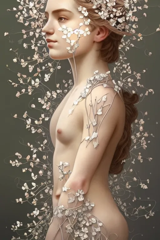 Image similar to symmetry!! full body portrait!!!! of a beautiful!!!! delicate elegant nordic shield maiden, pretty face!!!!, flower petals, intricate, elegant, highly detailed, digital painting, artstation, concept art, smooth, sharp focus, illustration, art by artgerm and greg rutkowski and alphonse mucha, 8 k