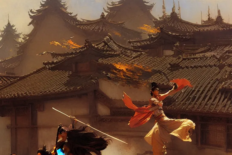 Prompt: wuxia, fight on the roof, painting by gaston bussiere, craig mullins, j. c. leyendecker